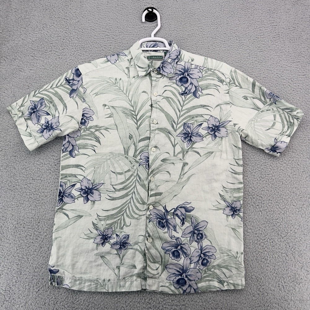 Cubavera Hawaiian Camp Shirt Mens Medium Blue Floral 100% Linen Tropical Aloha - Picture 1 of 9